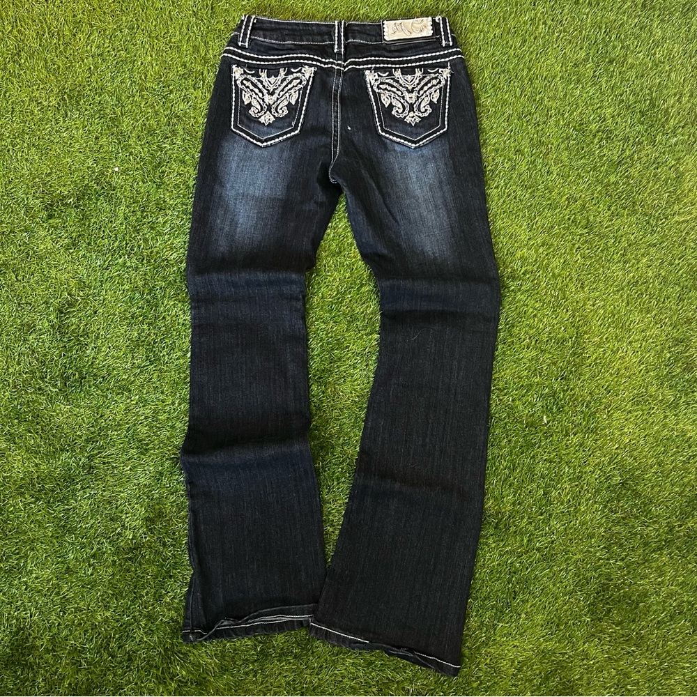 Dark wash low rise bootcut jeans with embroidered details “miss chico”